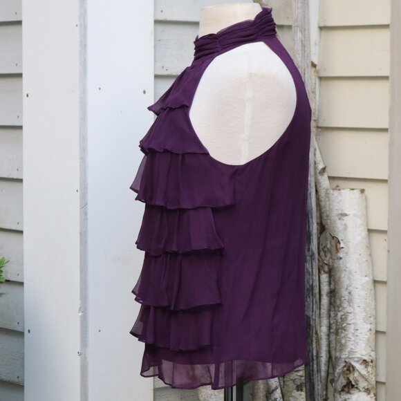 Kenar Plum Silk Ruffled High Halter Neck Keyhole Back Sleeveless Lined Top Sz M - Picture 4 of 7